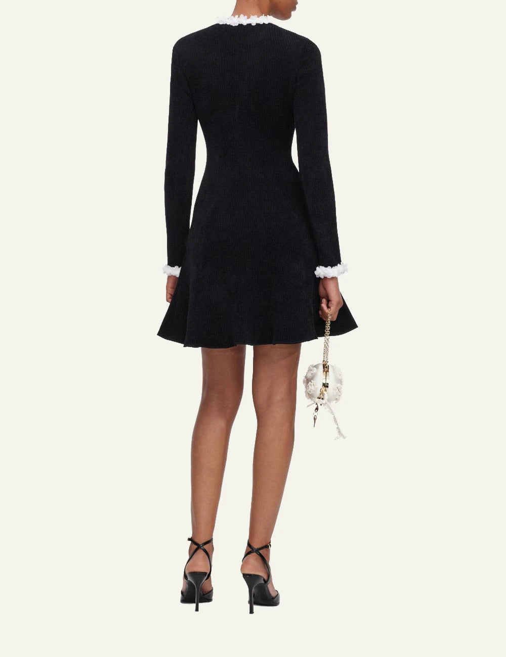 Self-Portrait Women’s Black Chenille Knit Mini Dress With White Floral Trims back