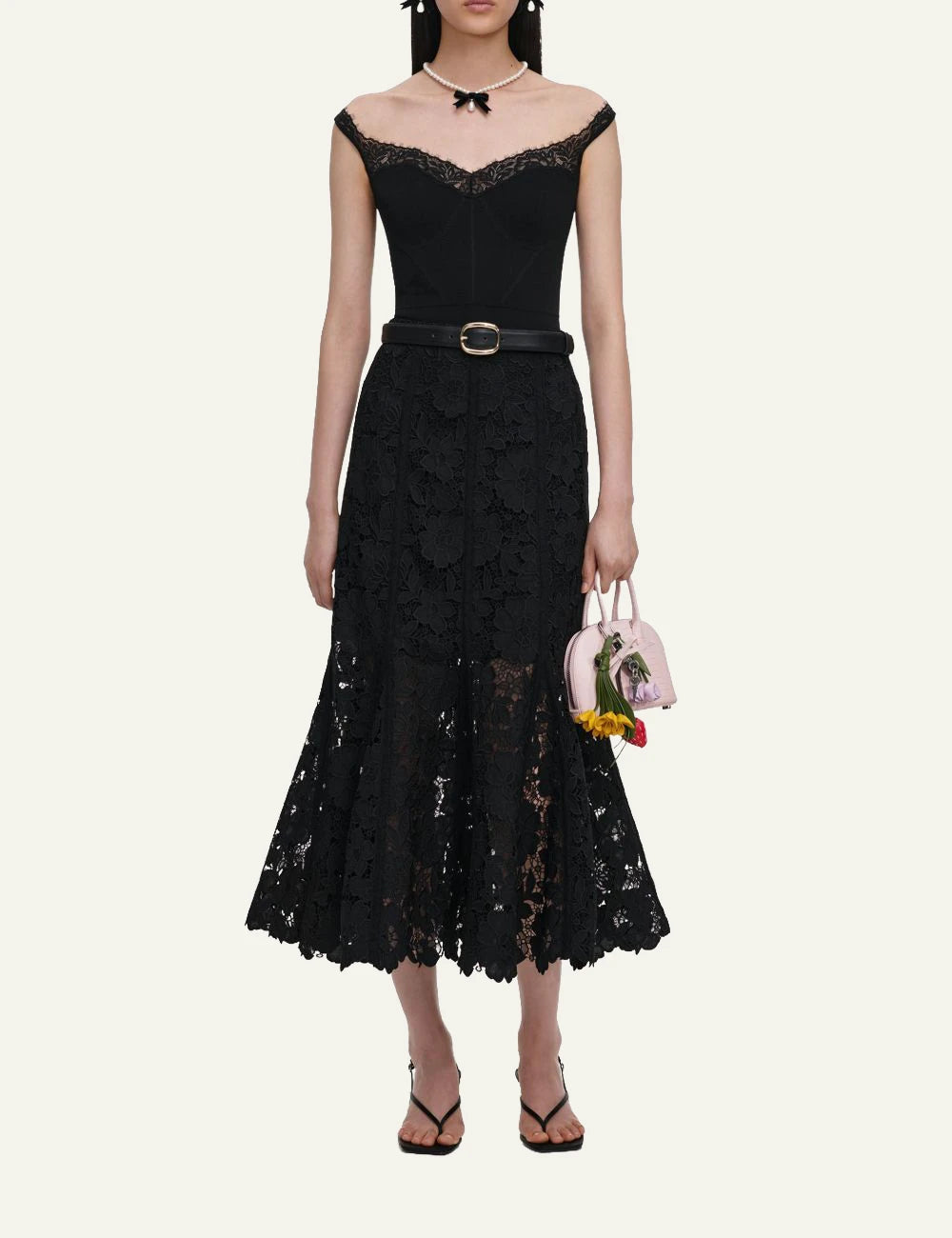 Self-Portrait Women’s Black Floral Lace A-Line Midi Skirt full body