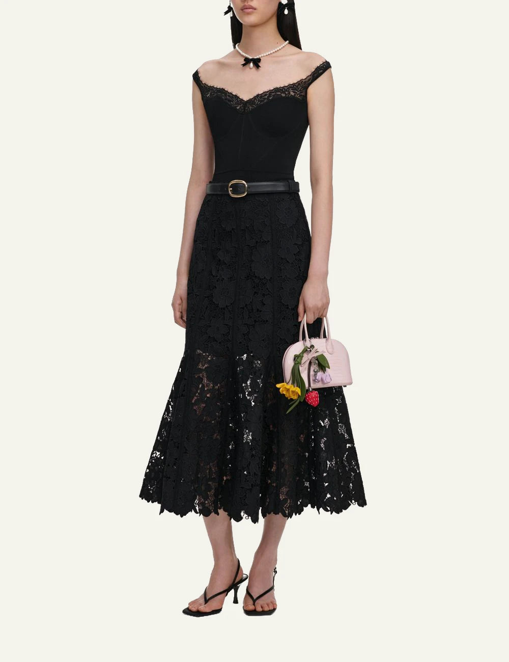 Self-Portrait Women’s Black Floral Lace A-Line Midi Skirt side