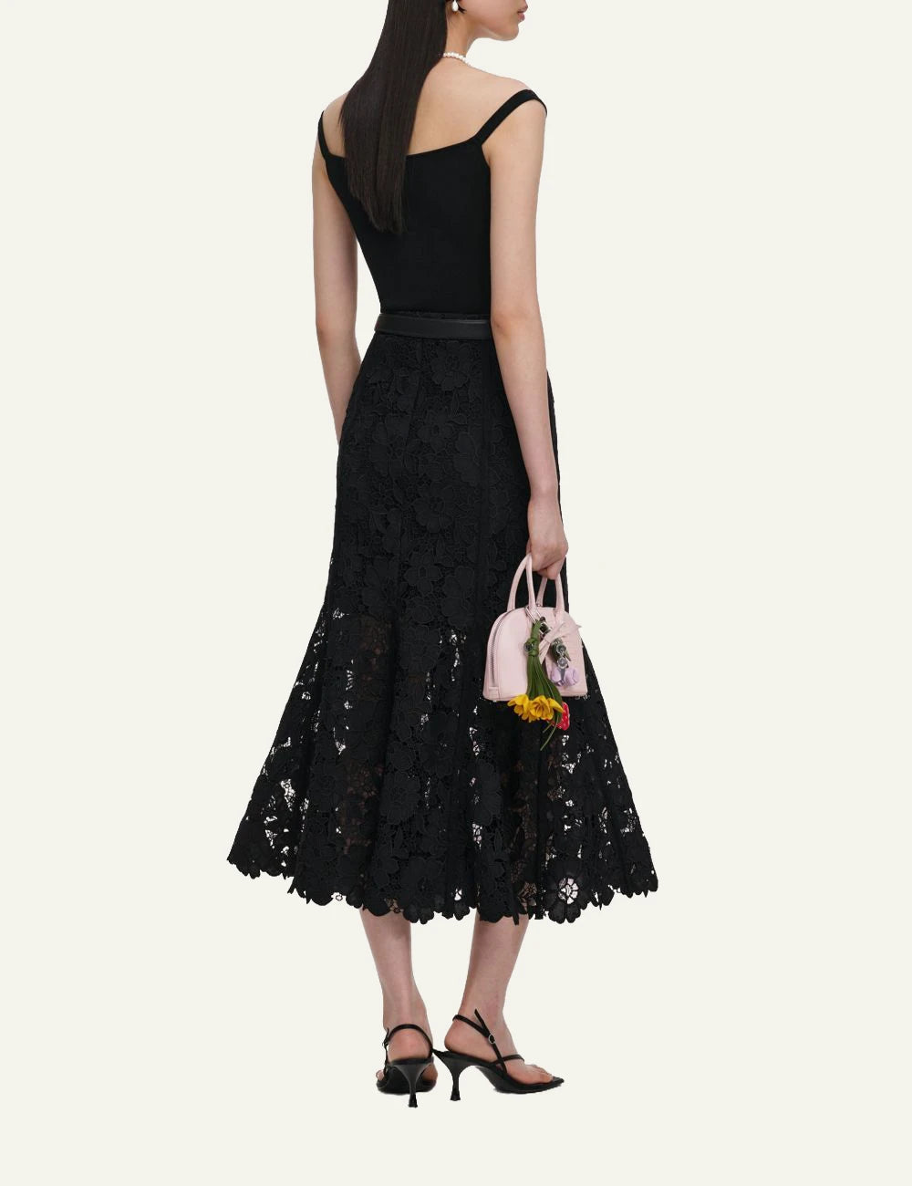 Self-Portrait Women’s Black Floral Lace A-Line Midi Skirt back
