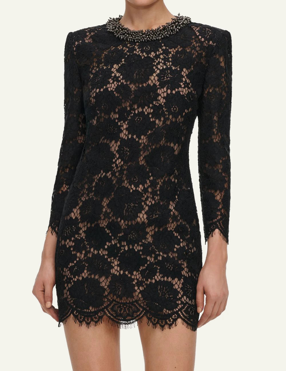 Self-Portrait Women’s Black Floral Lace Mini Dress With Beaded Neckline model
