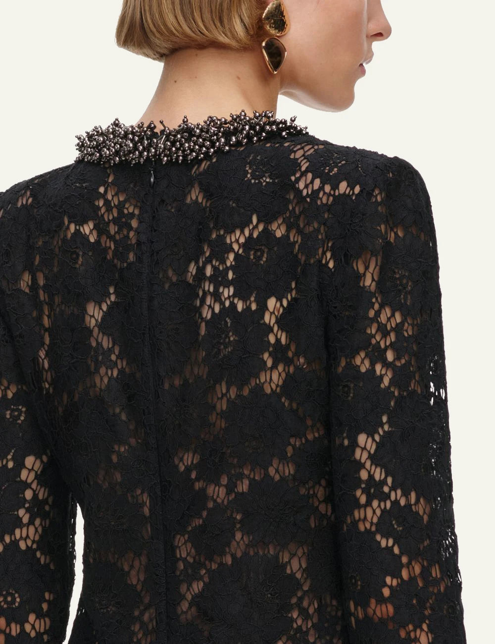 Self-Portrait Women’s Black Floral Lace Mini Dress With Beaded Neckline back