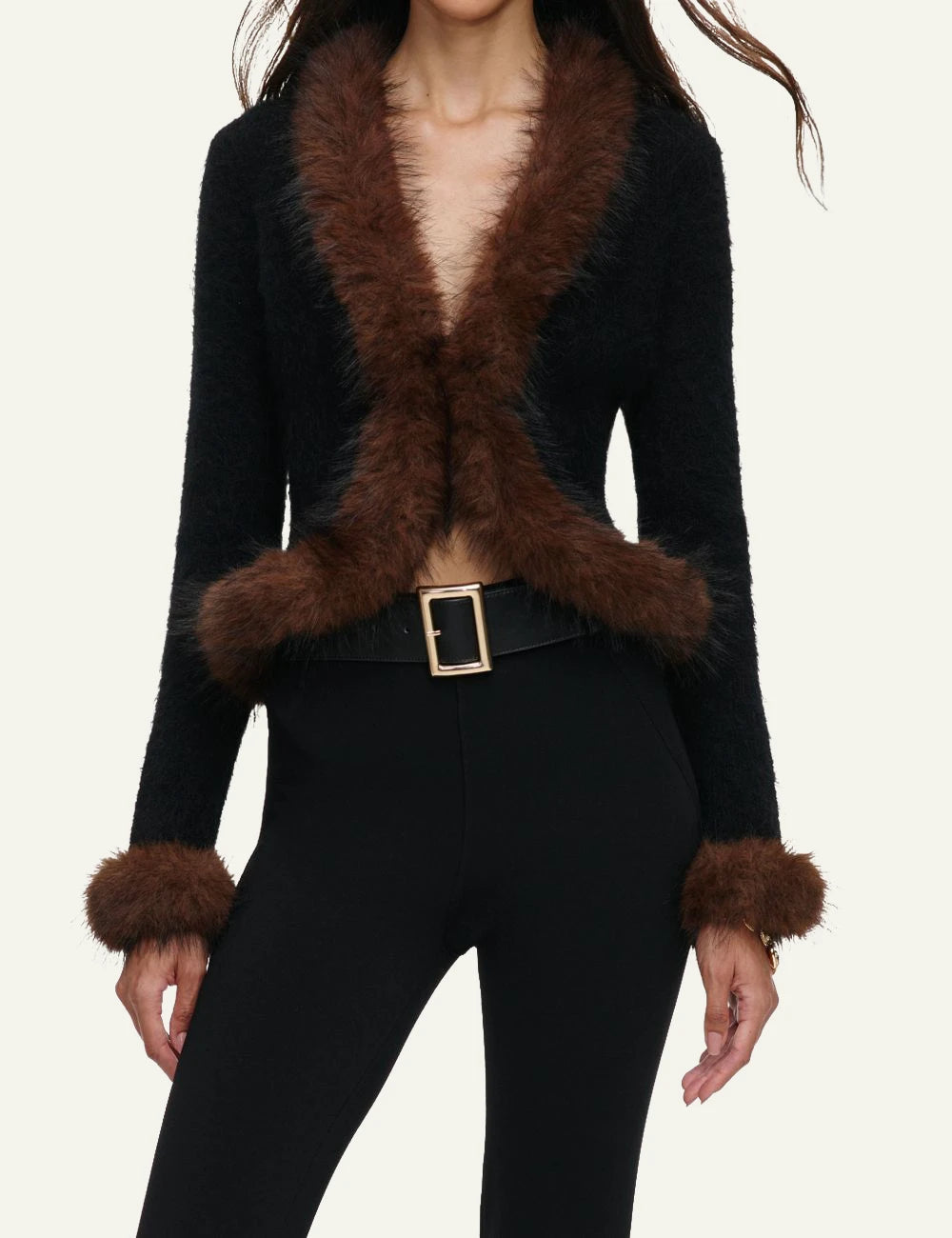  Self-Portrait Women’s Black Knit Cardigan With Brown Faux Fur Trims