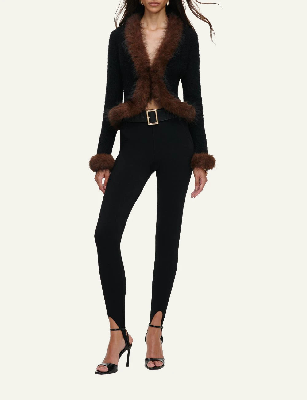  Self-Portrait Women’s Black Knit Cardigan With Brown Faux Fur Trims full body