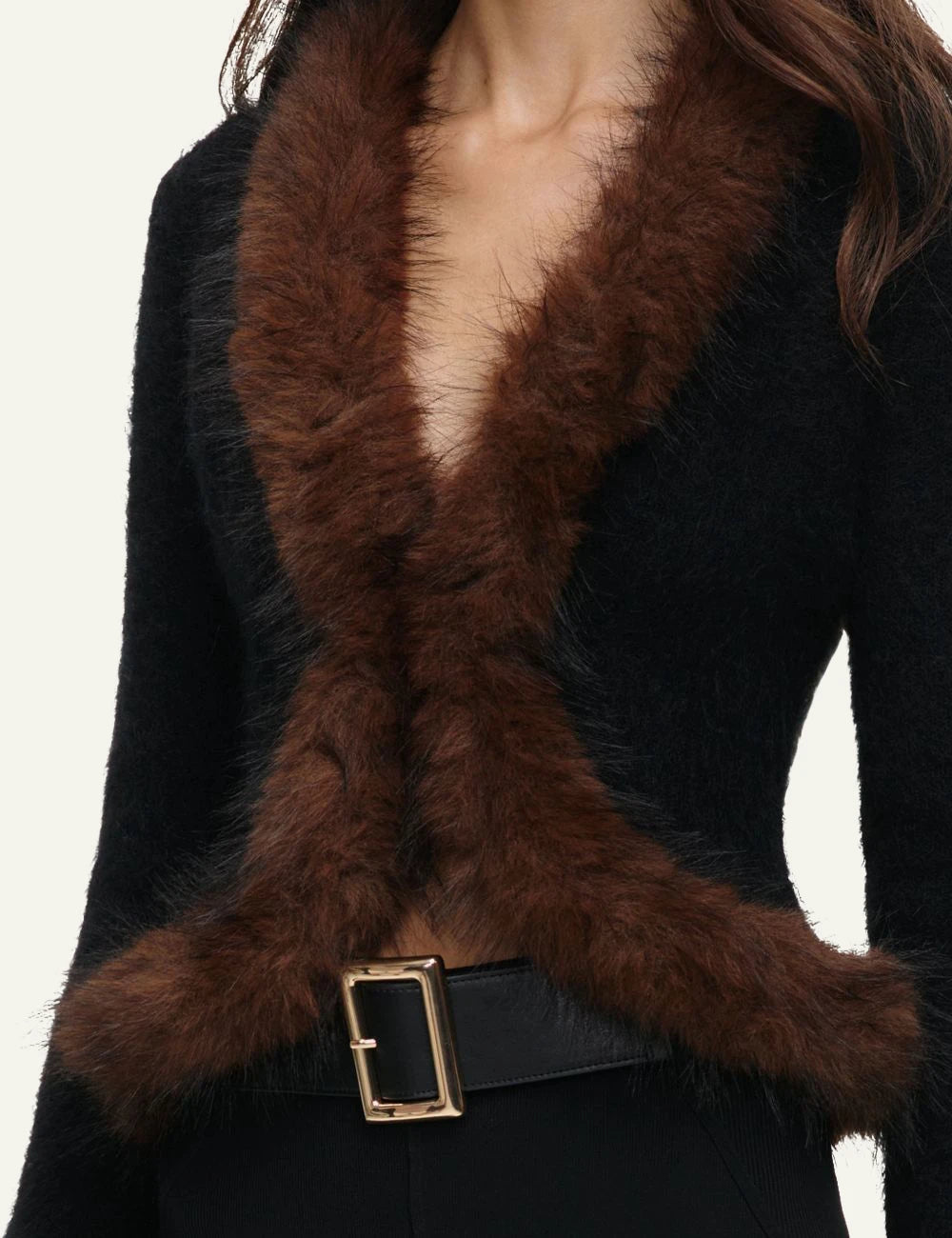  Self-Portrait Women’s Black Knit Cardigan With Brown Faux Fur Trims detail