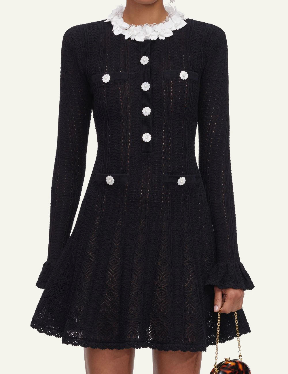 Self-Portrait Women’s Black Knit Mini Dress With White Floral Trims And Pearl Buttons