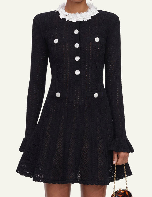 Self-Portrait Women’s Black Knit Mini Dress With White Floral Trims And Pearl Buttons
