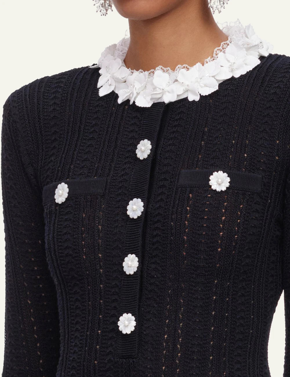 Self-Portrait Women’s Black Knit Mini Dress With White Floral Trims And Pearl Buttons detail