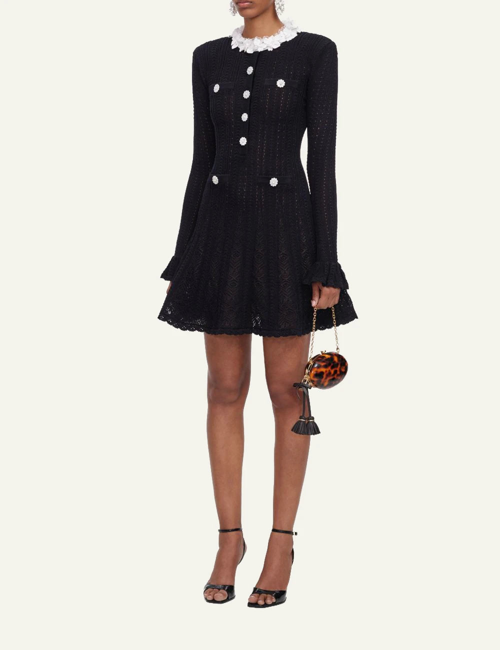 Self-Portrait Women’s Black Knit Mini Dress With White Floral Trims And Pearl Buttons full body