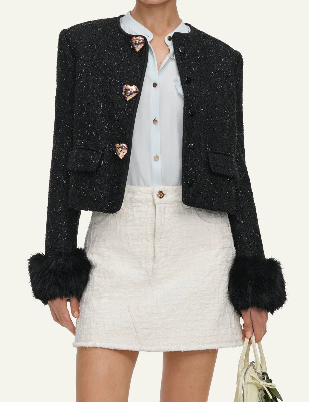 Self-Portrait Women’s Black Metallic Bouclé Jacket With Faux Fur Cuffs model