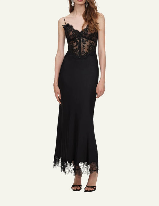  Self-Portrait Women’s Black Satin And Lace Midi Dress With Bow Straps