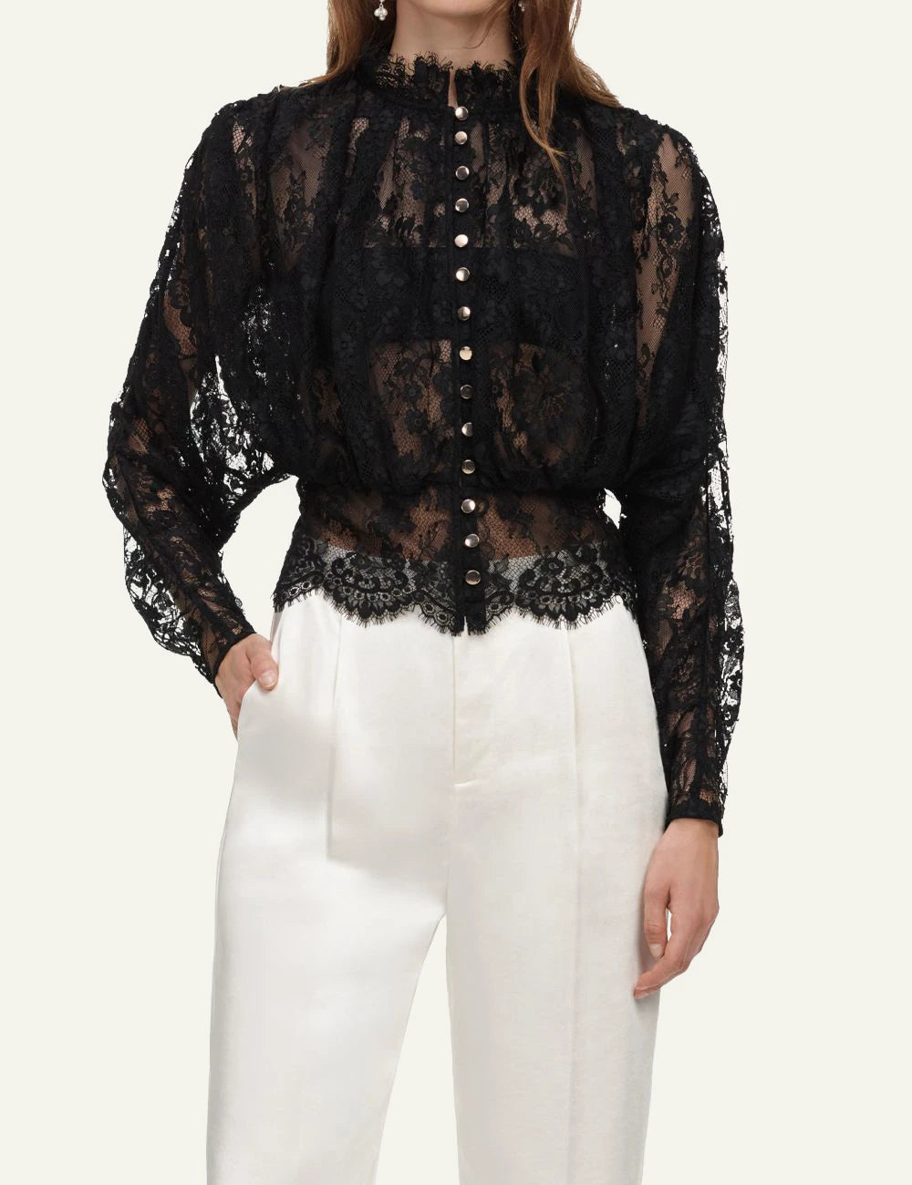 Self-Portrait Women’s Black Sheer Lace Blouse With Gold Buttons