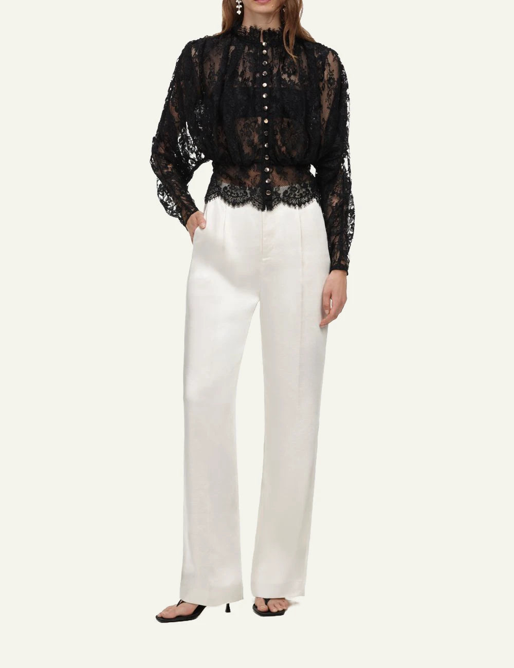 Self-Portrait Women’s Black Sheer Lace Blouse With Gold Buttons full body