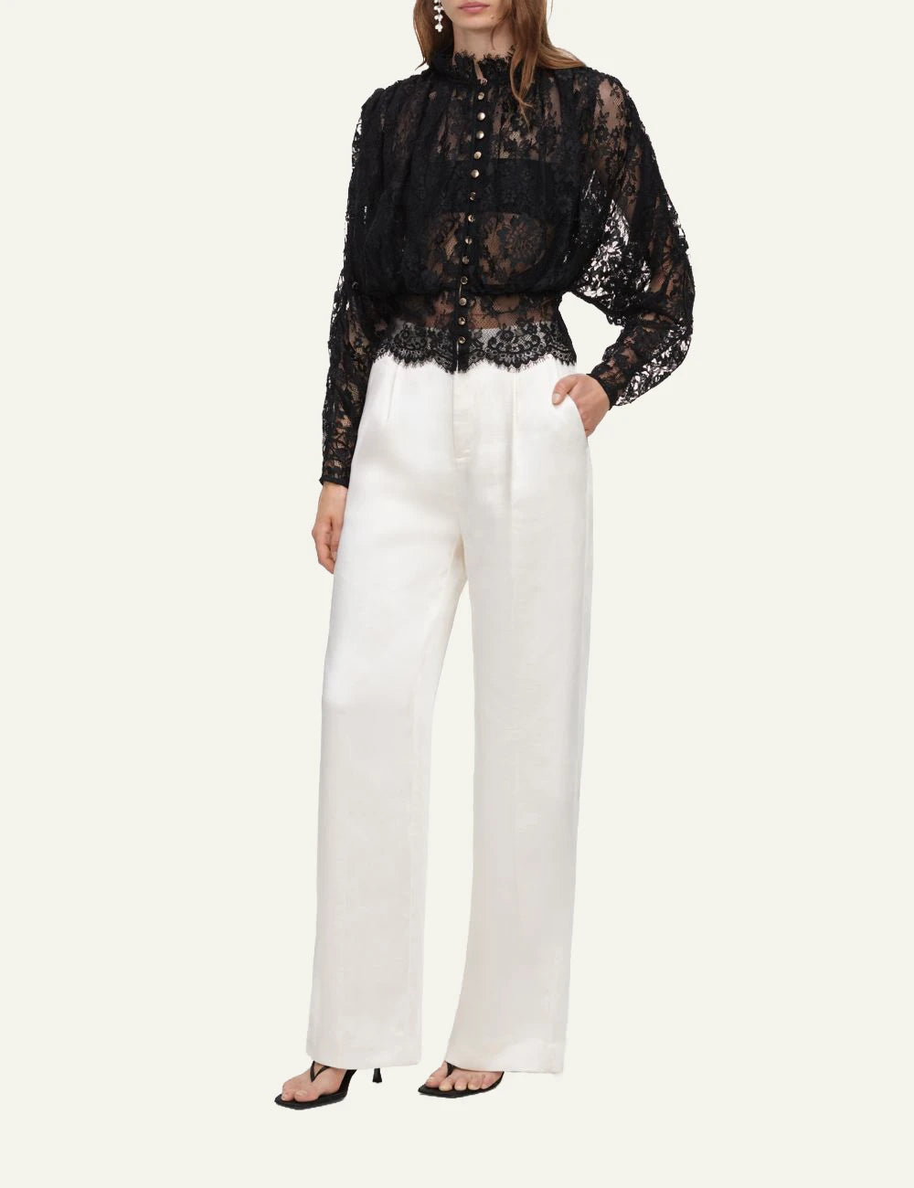 Self-Portrait Women’s Black Sheer Lace Blouse With Gold Buttons full body