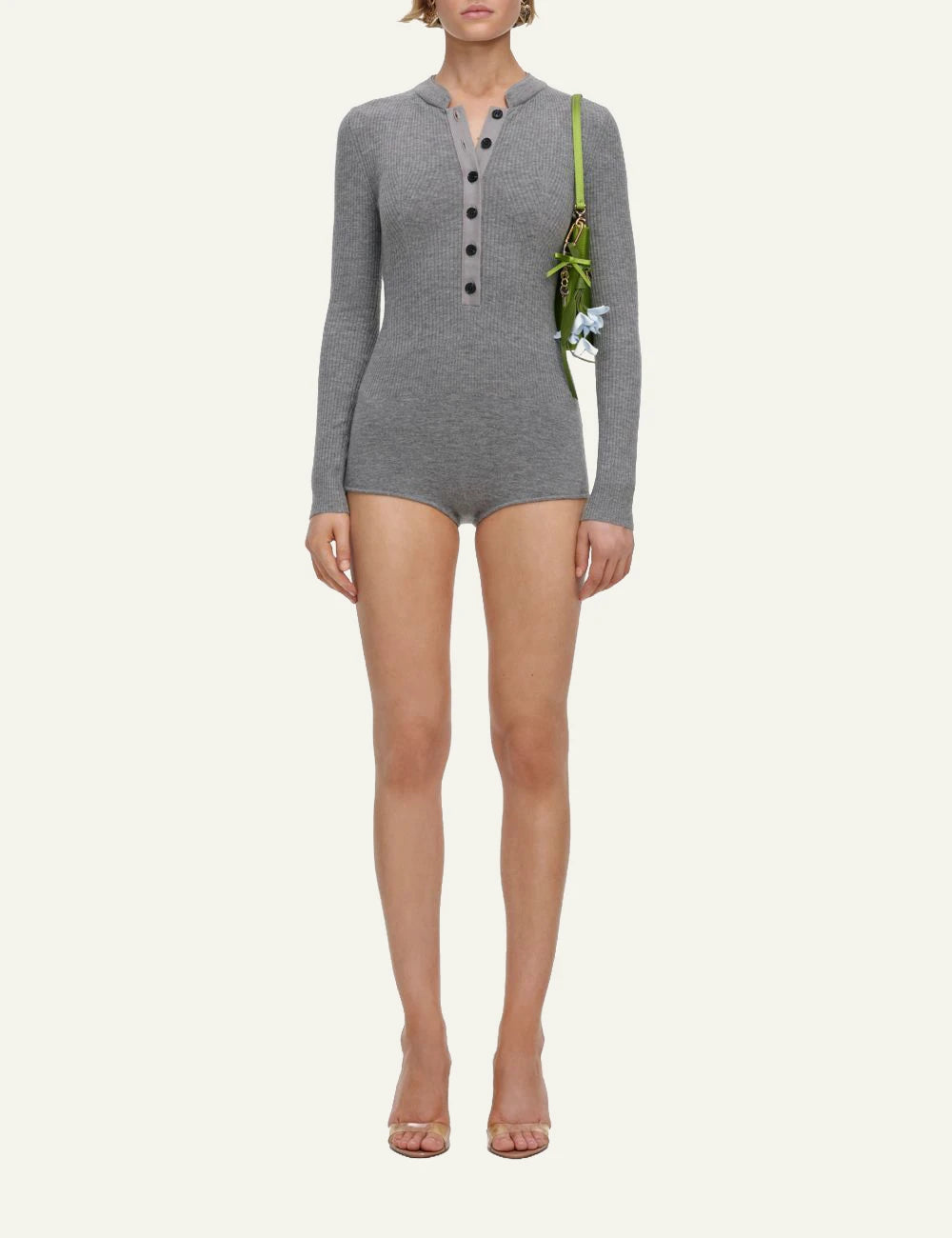 Self-Portrait Women’s Grey Rib Knit Fitted Playsuit With Button Front full body