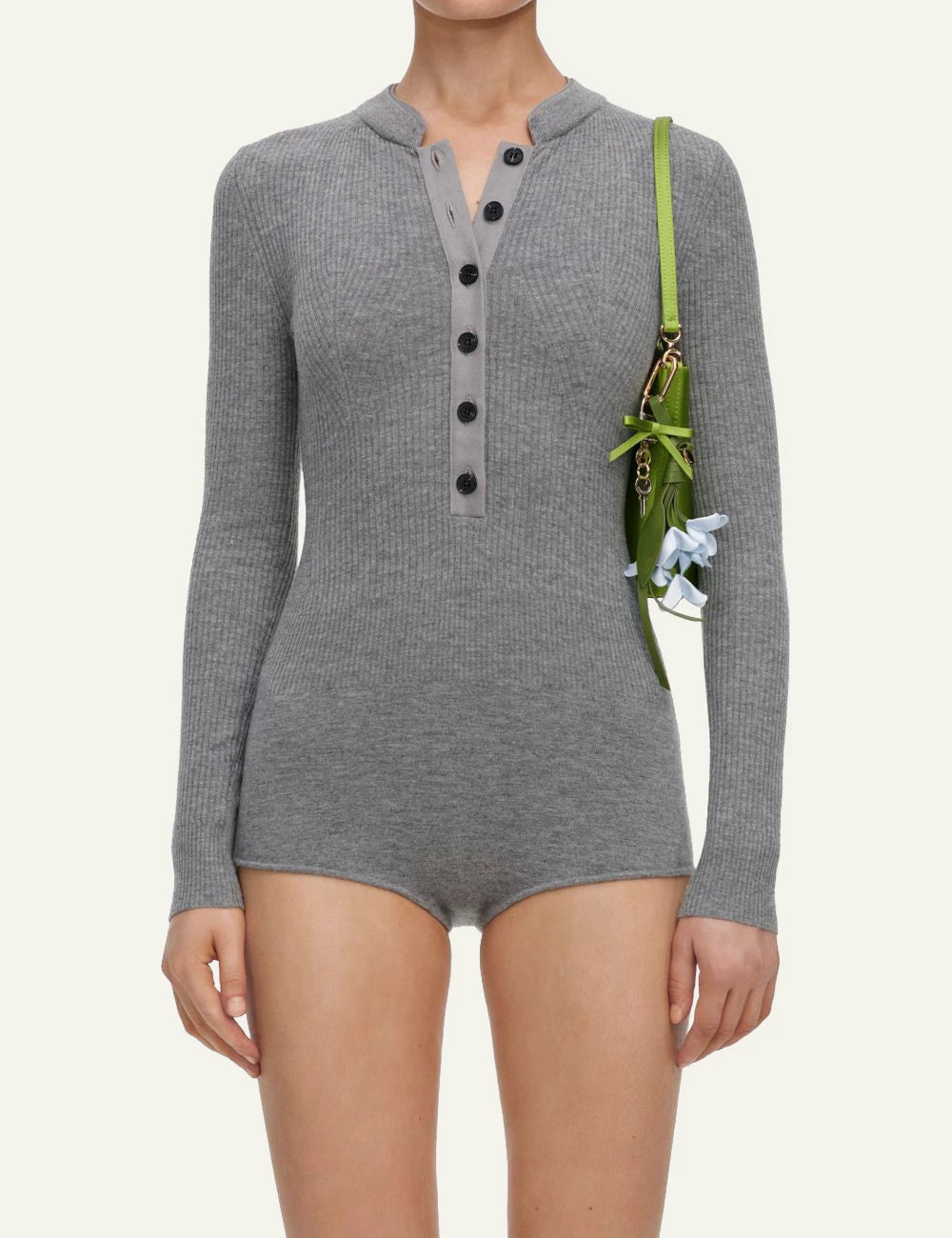 Self-Portrait Women’s Grey Rib Knit Fitted Playsuit With Button Front