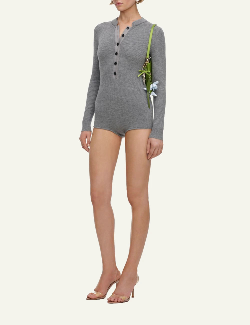 Self-Portrait Women’s Grey Rib Knit Fitted Playsuit With Button side