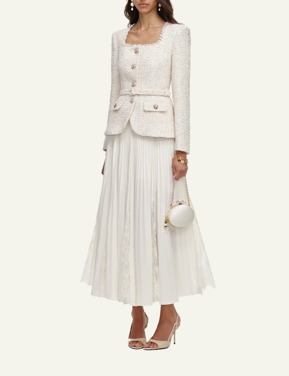 Self-Portrait Women’s Ivory Bouclé And Pleated Chiffon Midi Dress side