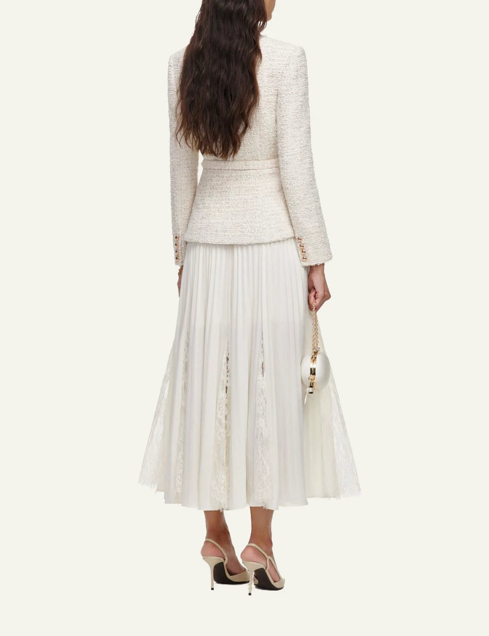 Self-Portrait Women’s Ivory Bouclé And Pleated Chiffon Midi Dress back full