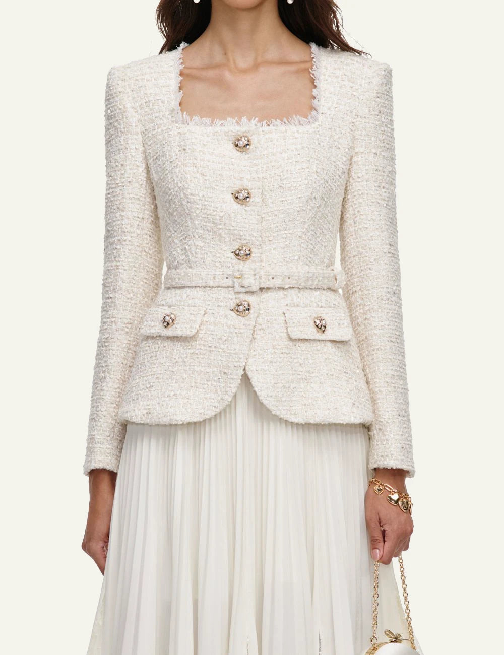 Self-Portrait Women’s Ivory Bouclé And Pleated Chiffon Midi Dress model