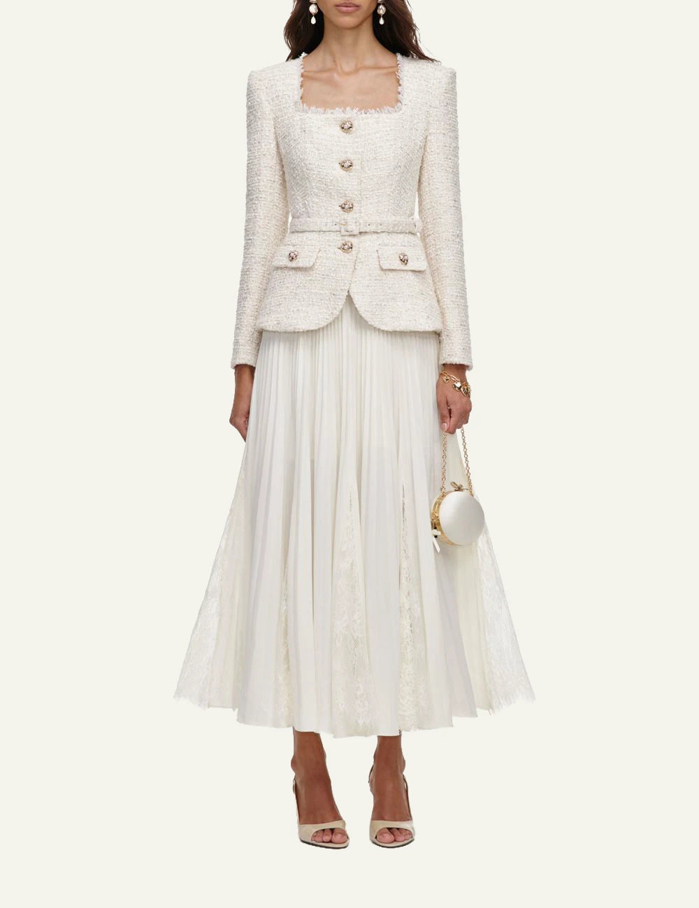 Self-Portrait Women’s Ivory Bouclé And Pleated Chiffon Midi Dress