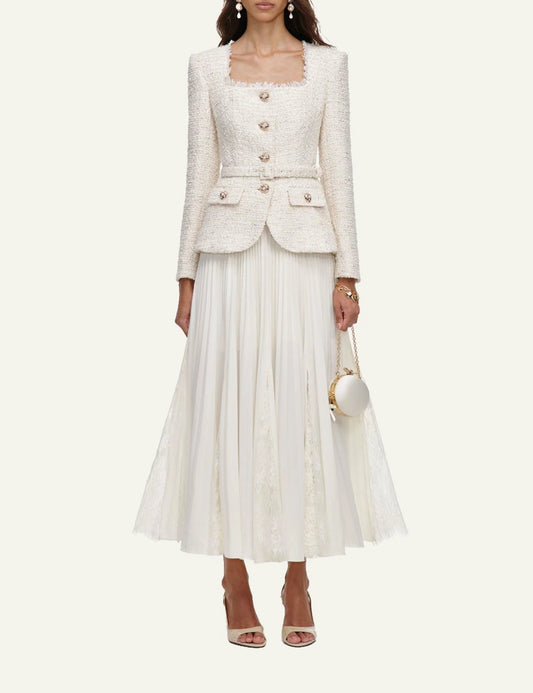 Self-Portrait Women’s Ivory Bouclé And Pleated Chiffon Midi Dress