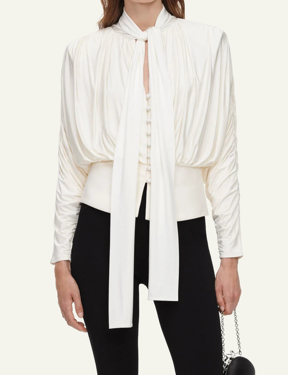 Self-Portrait Women’s Ivory Draped Blouse With Pussy-Bow Neckline