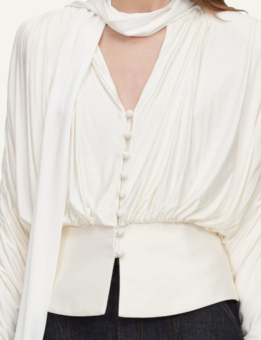 Self-Portrait Women’s Ivory Draped Blouse With Pussy-Bow Neckline detail