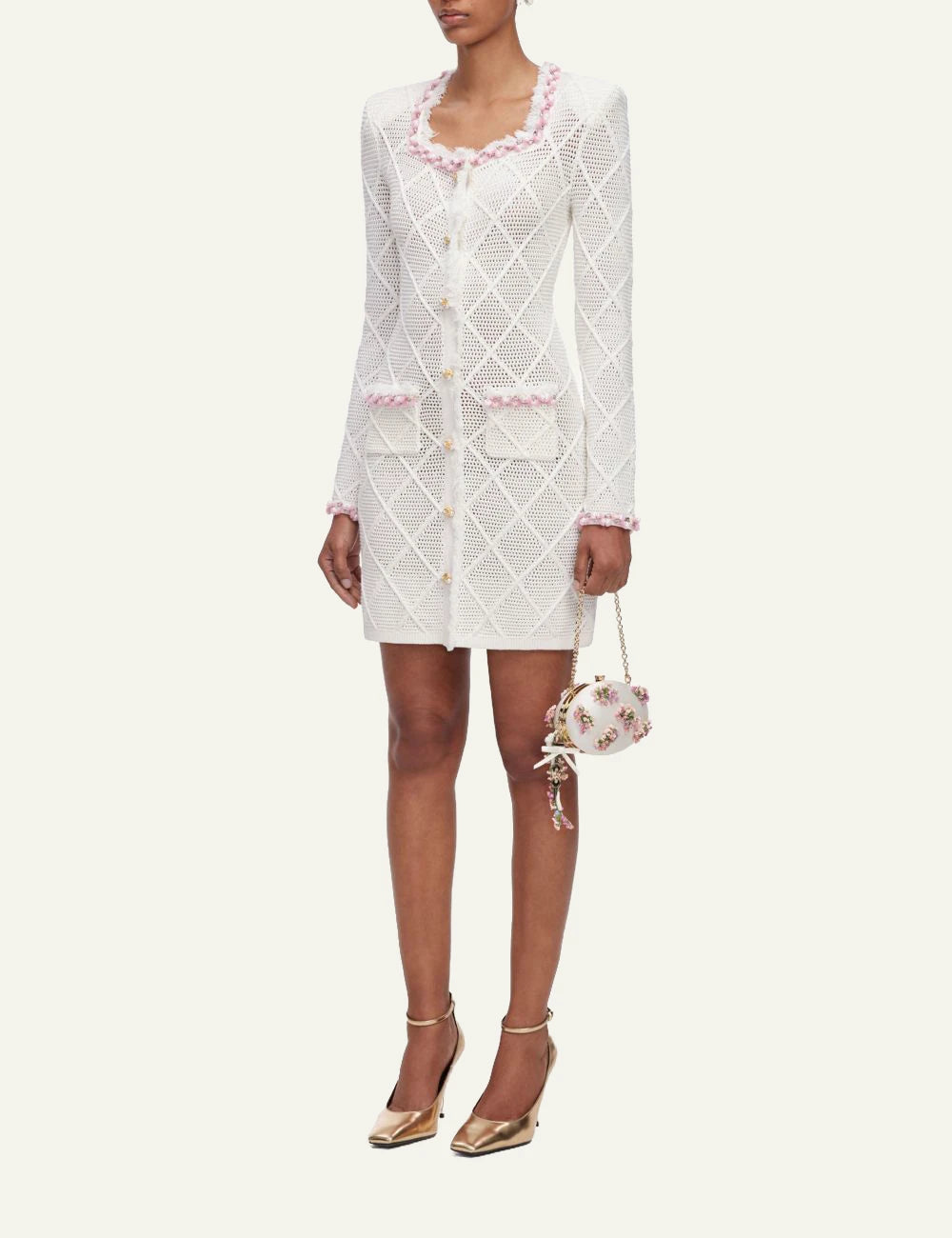 Self-Portrait Women’s Ivory Pointelle Knit Mini Dress With Pink Sequin Trims side