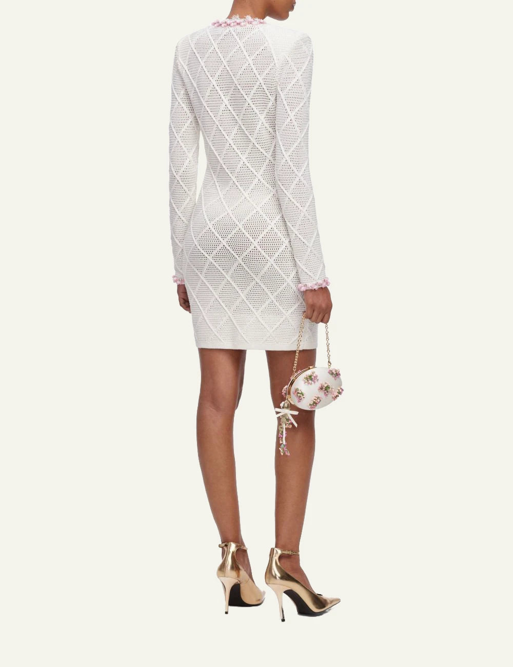 Self-Portrait Women’s Ivory Pointelle Knit Mini Dress With Pink Sequin Trims back