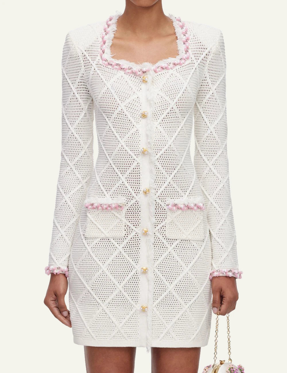 Self-Portrait Women’s Ivory Pointelle Knit Mini Dress With Pink Sequin Trims model
