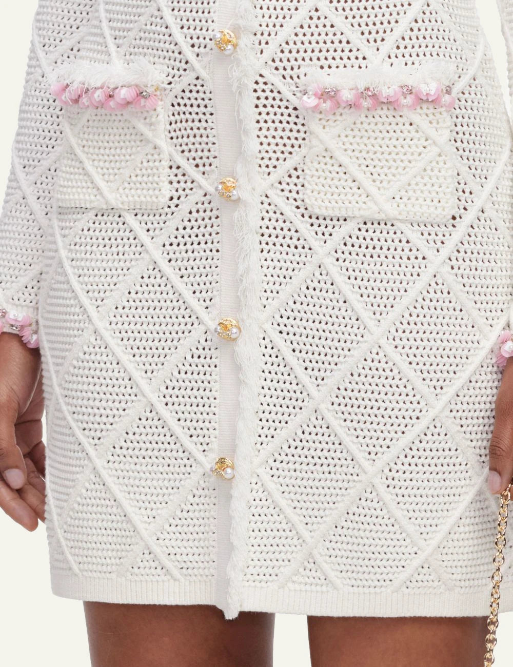 Self-Portrait Women’s Ivory Pointelle Knit Mini Dress With Pink Sequin Trims detail