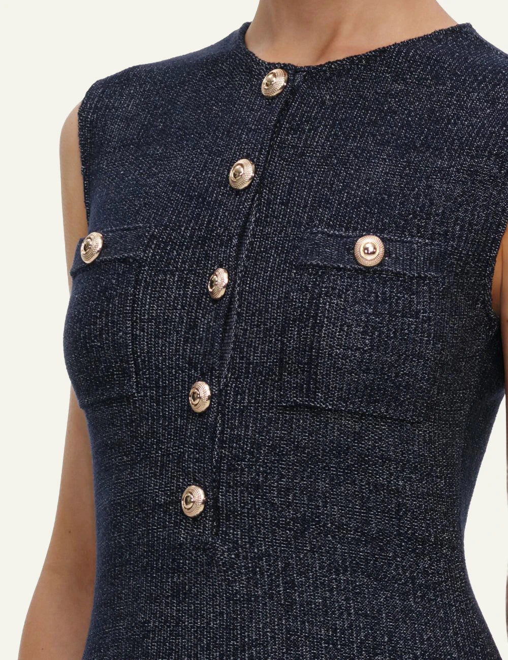 Self-Portrait Women’s Navy Denim-Effect Knit Mini Dress With Gold Buttons detail