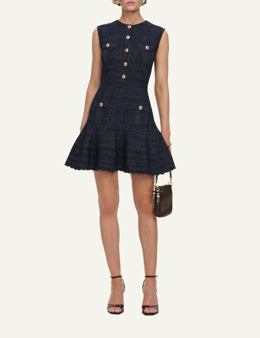 Self-Portrait Women’s Navy Denim-Effect Knit Mini Dress With Gold Buttons