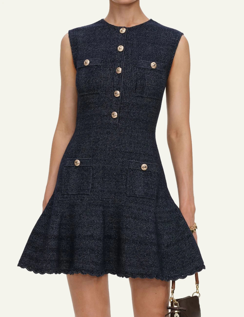 Self-Portrait Women’s Navy Denim-Effect Knit Mini Dress With Gold Buttons model