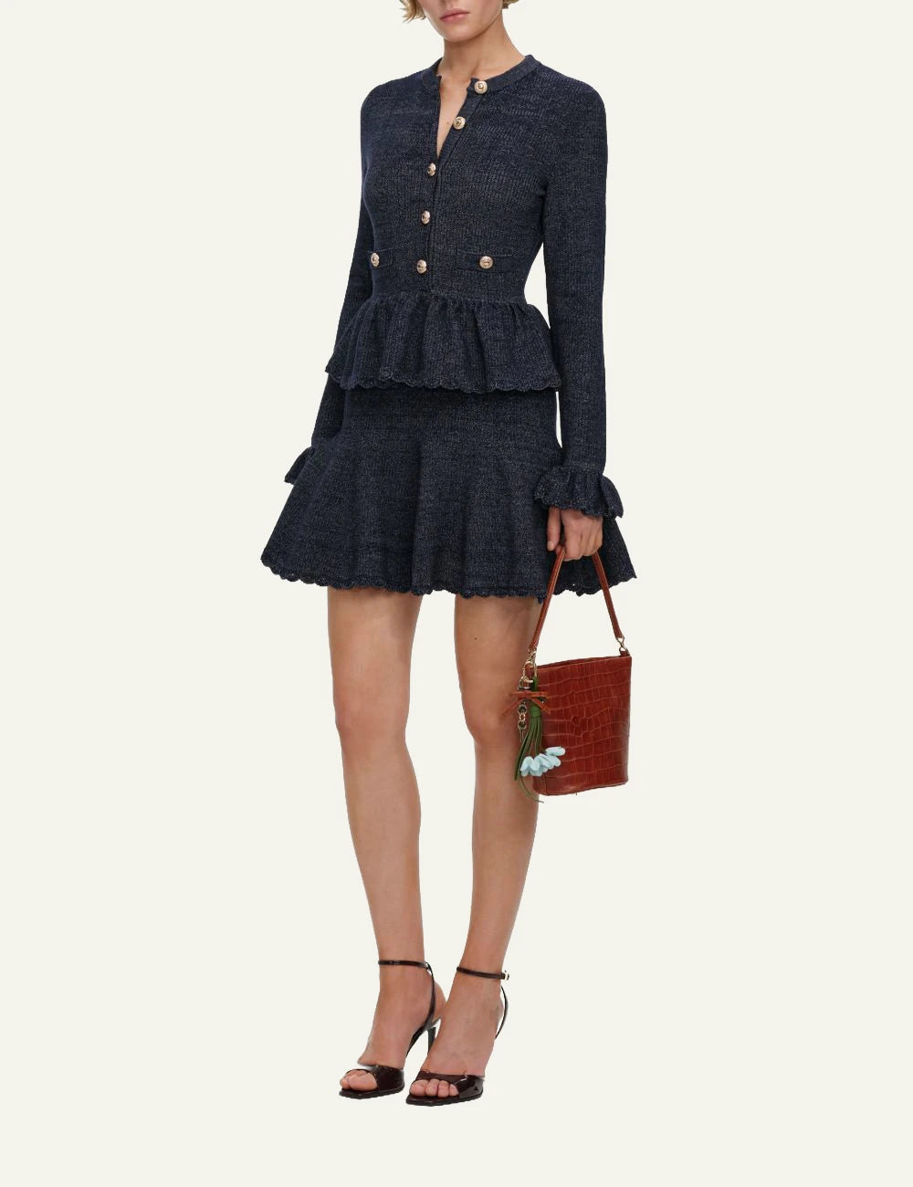 Self-Portrait Women’s Navy Denim-Effect Knit Mini Dress With Peplum Waist side