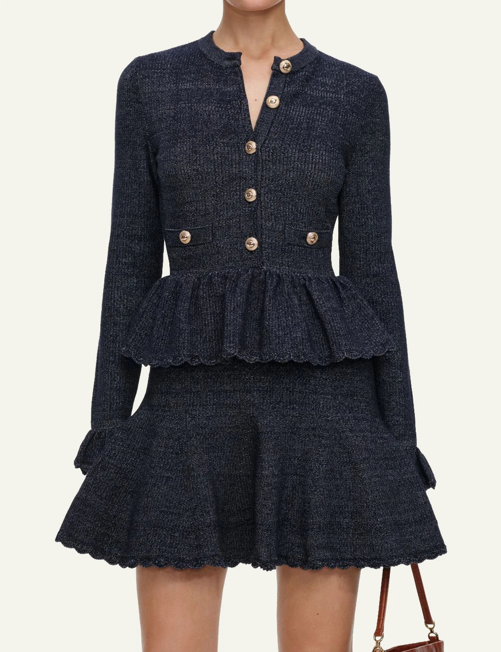 Self-Portrait Women’s Navy Denim-Effect Knit Mini Dress With Peplum Waist model