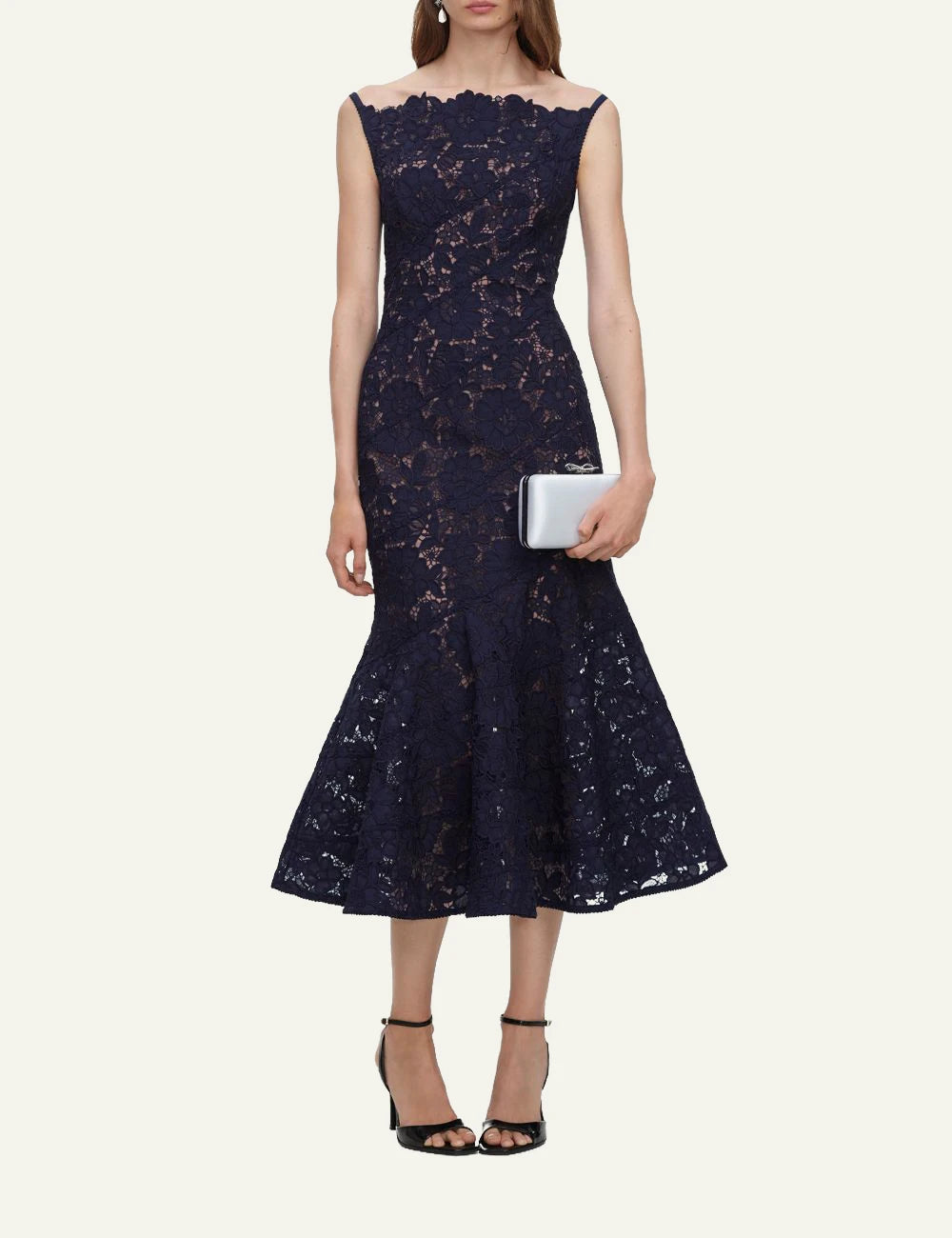 Self-Portrait Women’s Navy Lace Mermaid Midi Dress With Boat Neckline