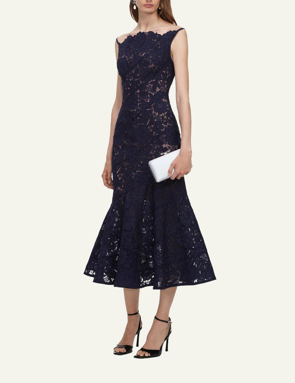 Self-Portrait Women’s Navy Lace Mermaid Midi Dress With Boat Neckline side