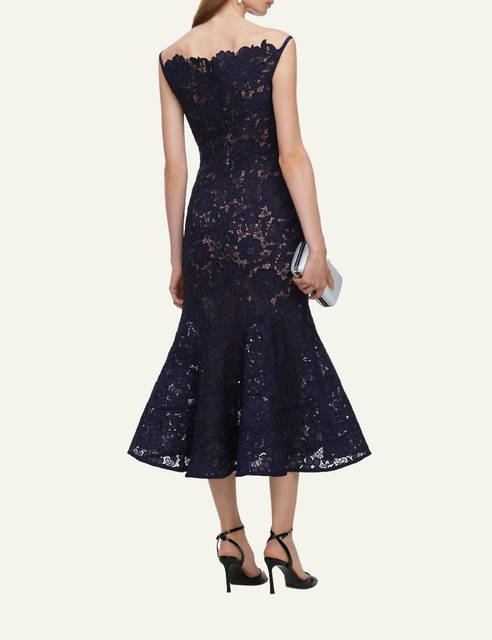 Self-Portrait Women’s Navy Lace Mermaid Midi Dress With Boat Neckline back