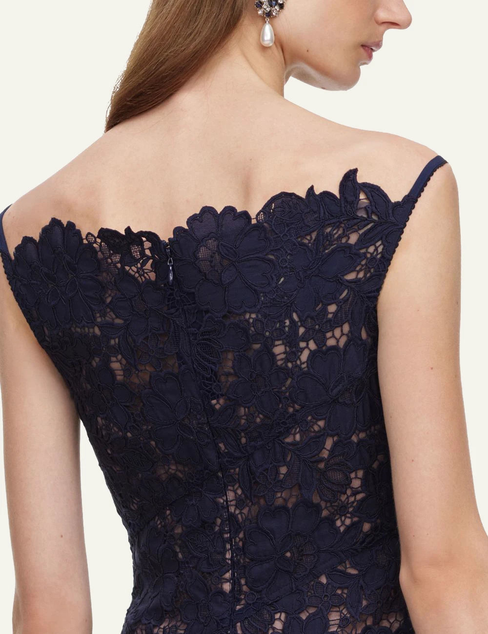 Self-Portrait Women’s Navy Lace Mermaid Midi Dress With Boat Neckline back detail