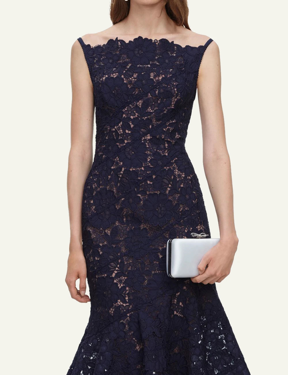 Self-Portrait Women’s Navy Lace Mermaid Midi Dress With Boat Neckline model