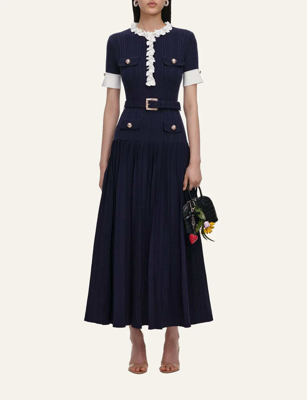  Self-Portrait Women’s Navy Rib Knit Midi Dress With Lace Trim And Belt