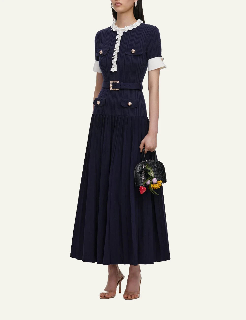  Self-Portrait Women’s Navy Rib Knit Midi Dress With Lace Trim And Belt side