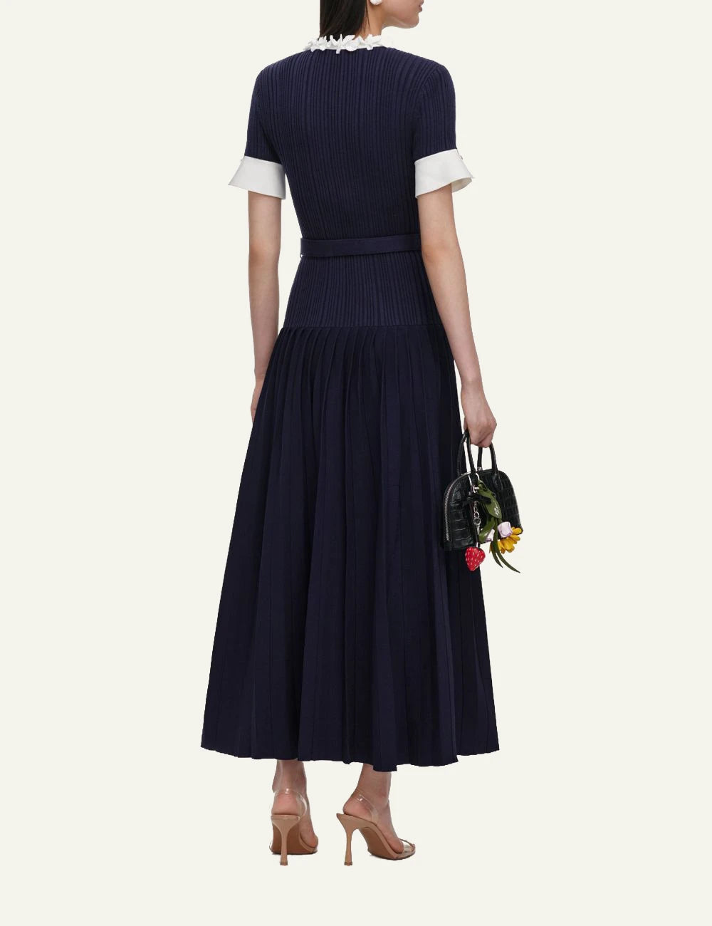  Self-Portrait Women’s Navy Rib Knit Midi Dress With Lace Trim And Belt back