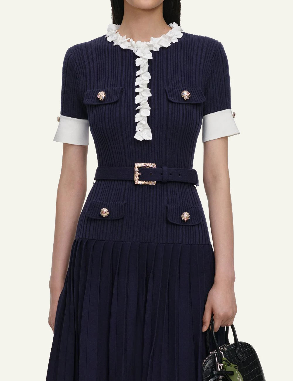  Self-Portrait Women’s Navy Rib Knit Midi Dress With Lace Trim And Belt model