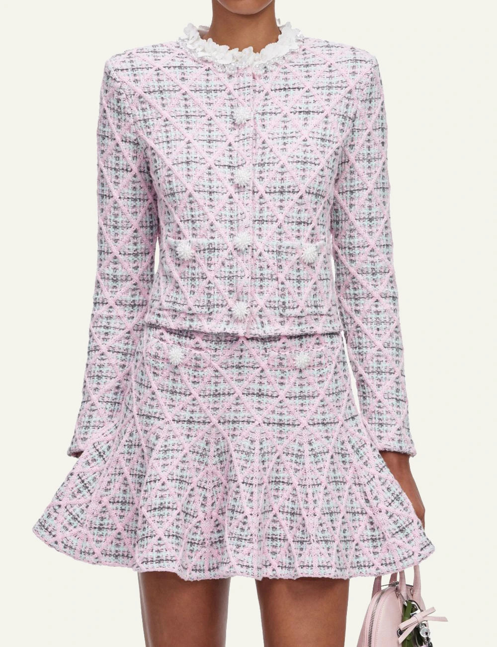 Self-Portrait Women’s Pastel Pink Check Knit Cardigan With Floral And Pearl Details