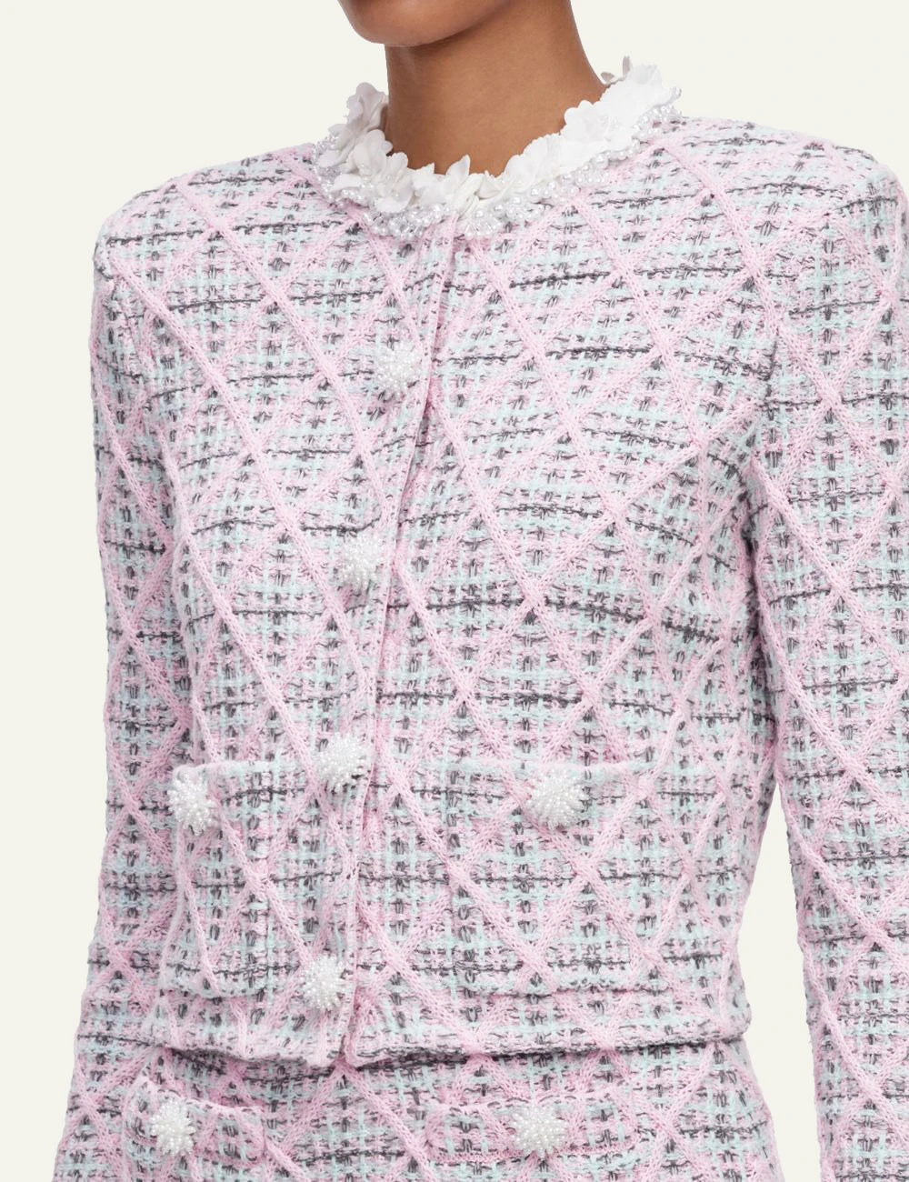 Self-Portrait Women’s Pastel Pink Check Knit Cardigan With Floral And Pearl Details model