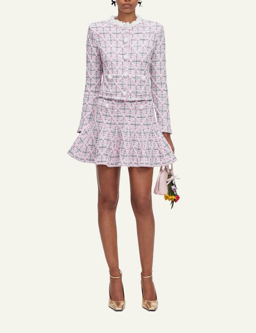 Self-Portrait Women’s Pastel Pink Check Knit Cardigan With Floral And Pearl Details full body