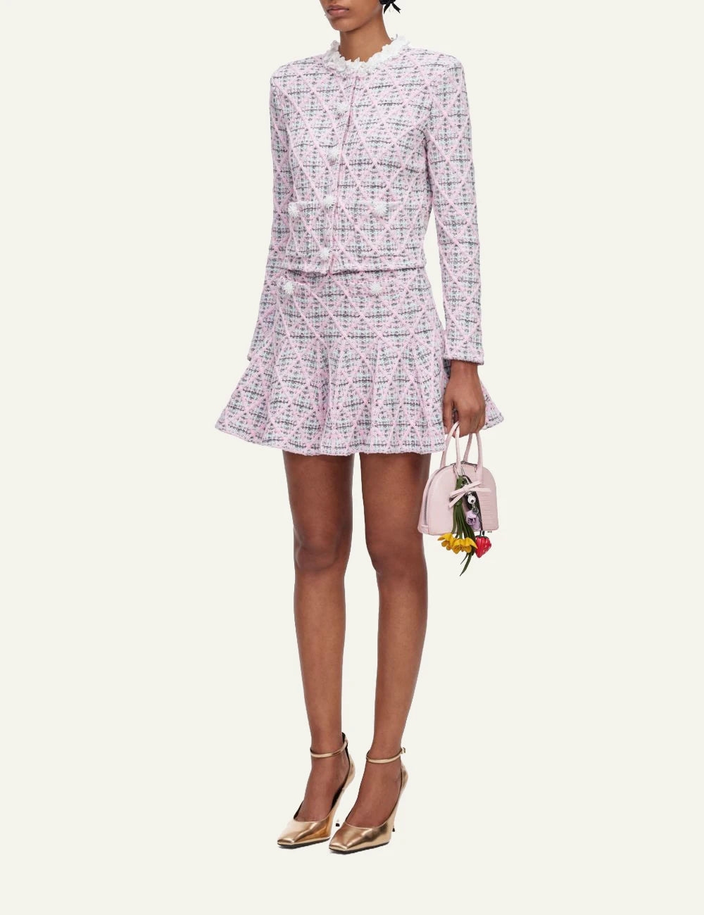 Self-Portrait Women’s Pastel Pink Check Knit Cardigan With Floral And Pearl Details side